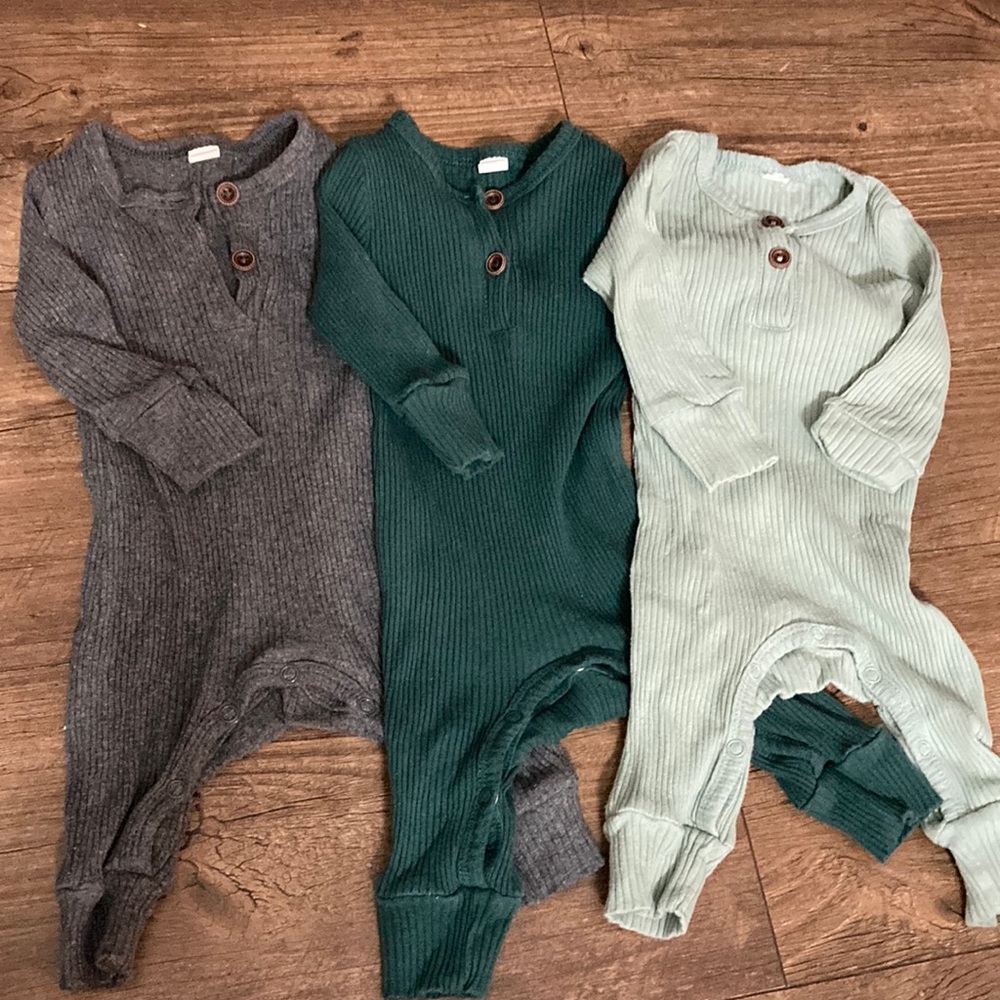 3-Pack Ribbed Henley One-Piece Set for Kids - Gray, Forest Green, Mint 0-3 month
